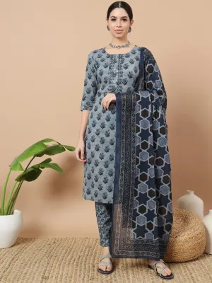 Blue Ethnic Motifs Block Print Straight Kurta Trouser And Dupatta Set