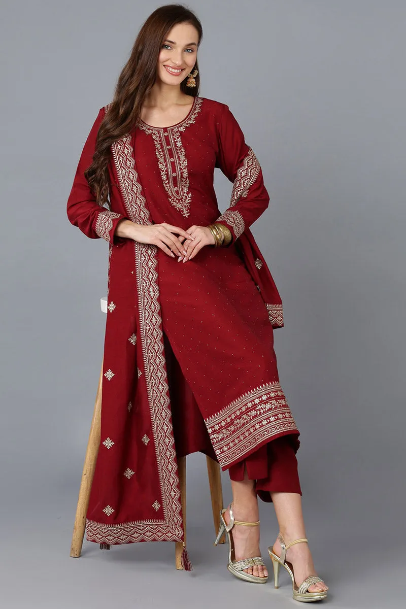 Maroon Silk Blend Solid Straight Kurta Trousers With Dupatta