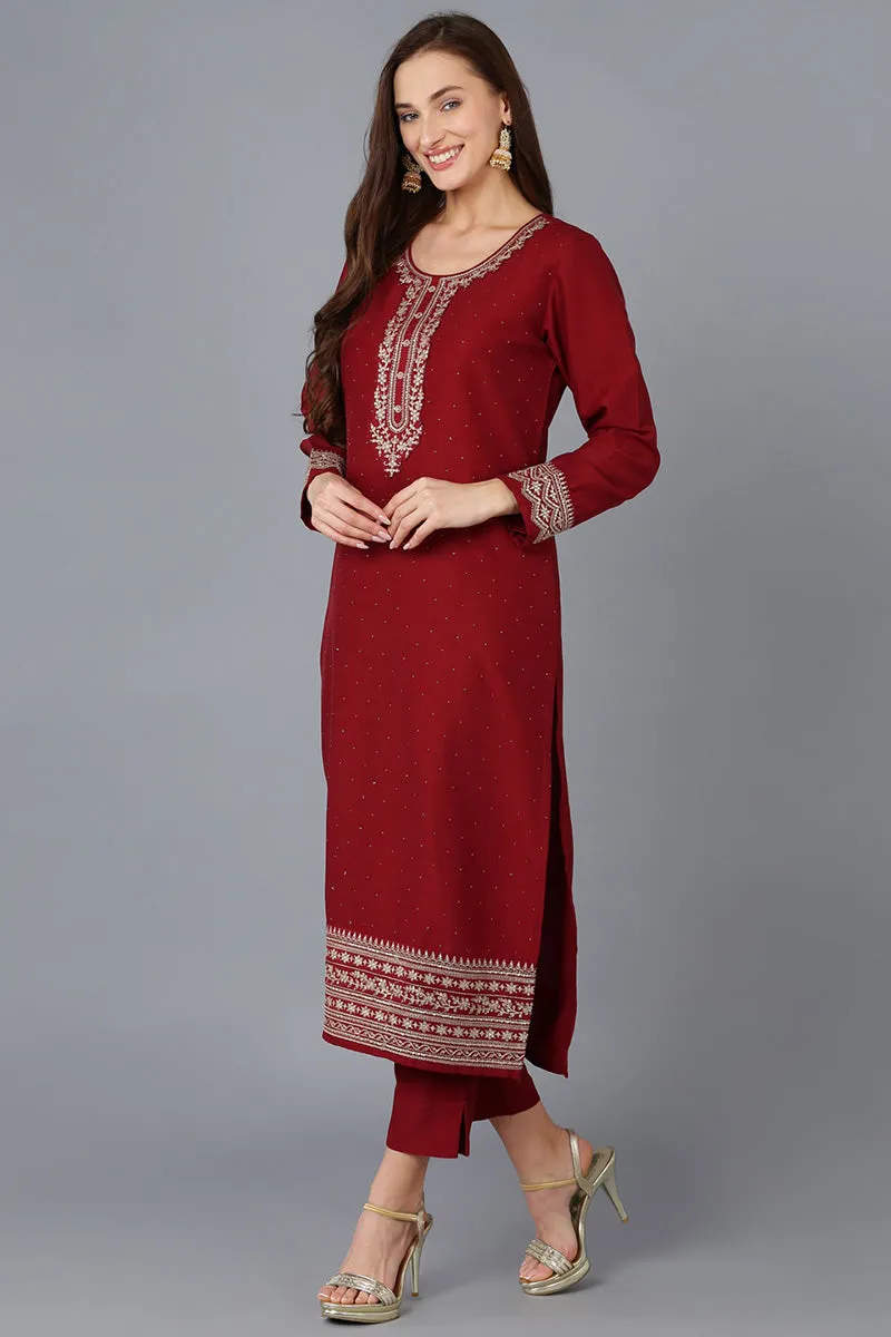 Maroon Silk Blend Solid Straight Kurta Trousers With Dupatta