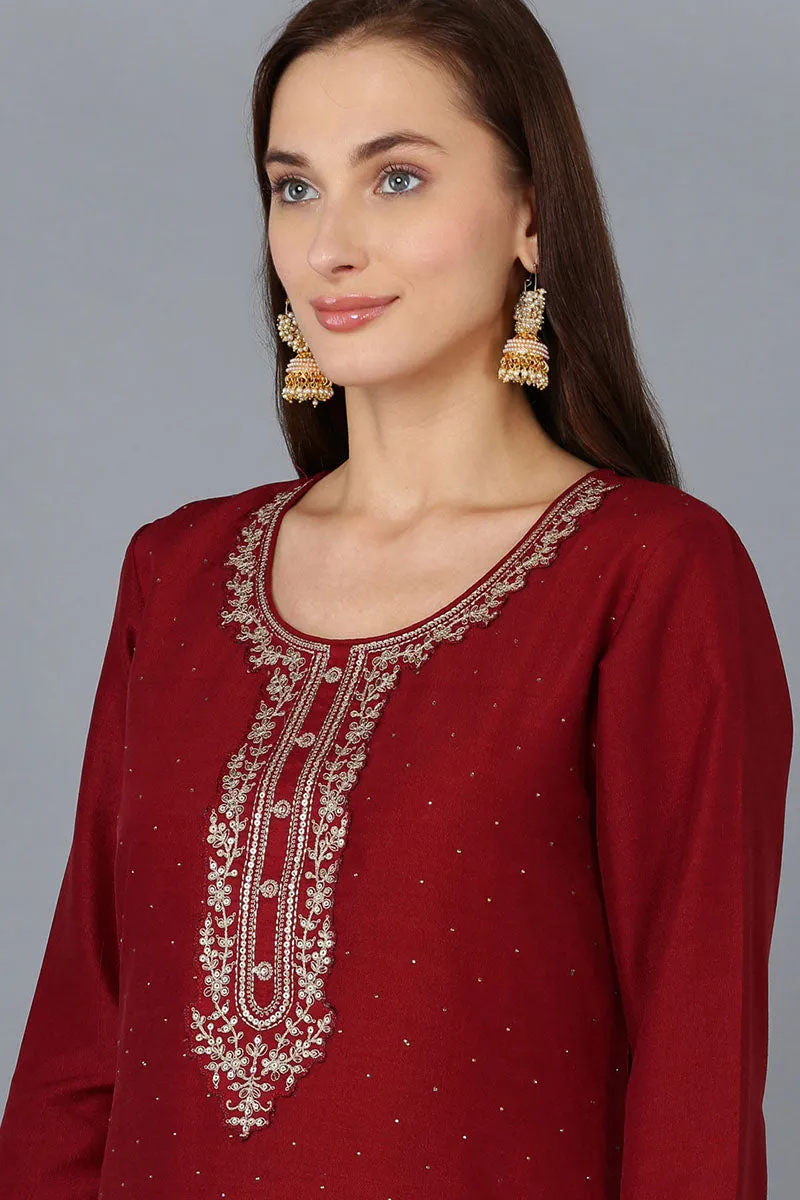 Maroon Silk Blend Solid Straight Kurta Trousers With Dupatta