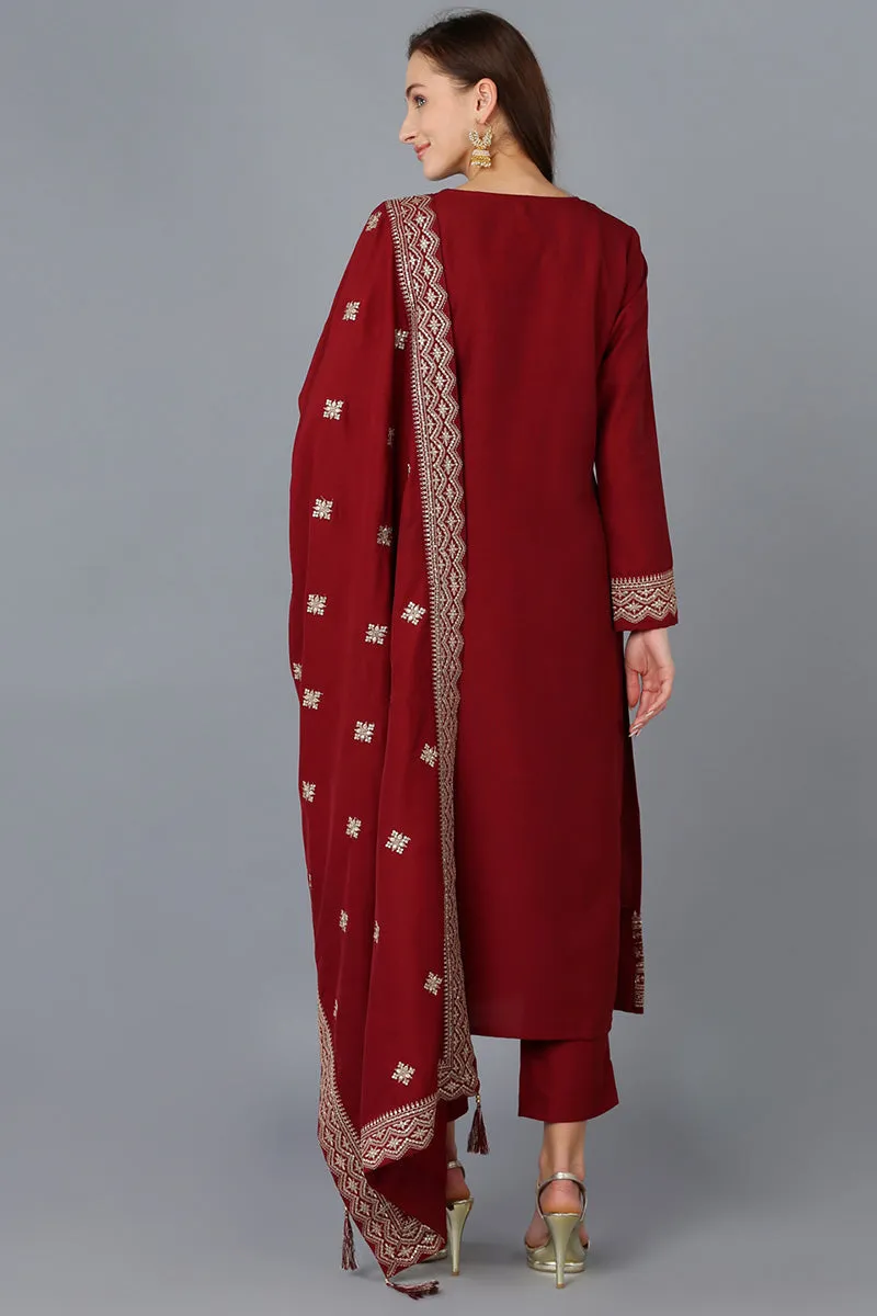 Maroon Silk Blend Solid Straight Kurta Trousers With Dupatta