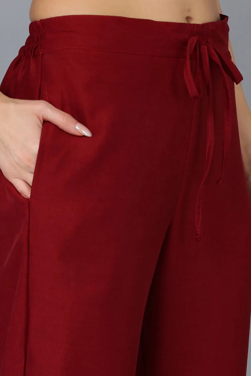 Maroon Silk Blend Solid Straight Kurta Trousers With Dupatta