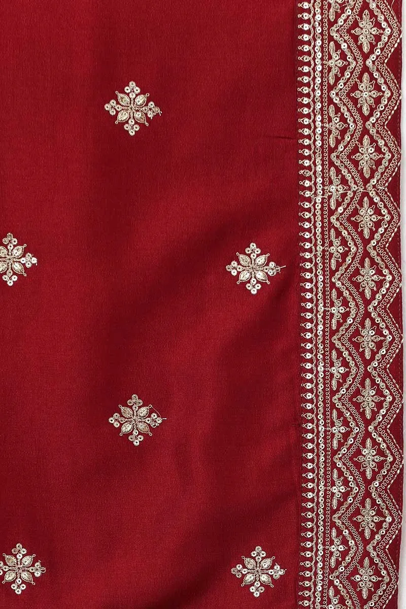 Maroon Silk Blend Solid Straight Kurta Trousers With Dupatta