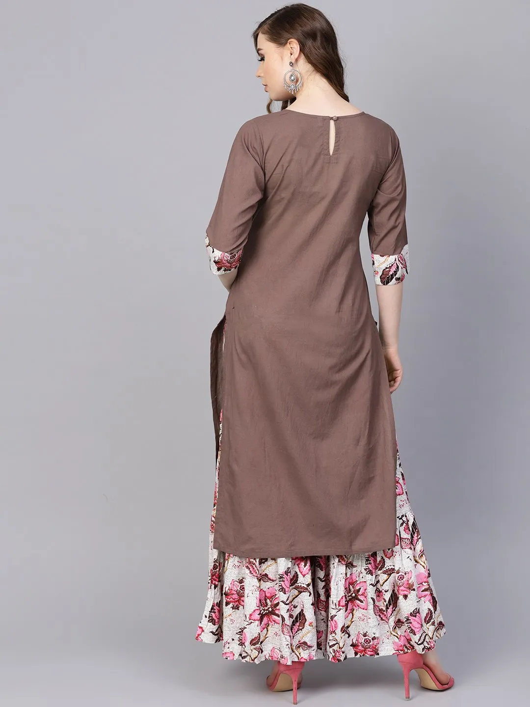 Solid Coffee Brown 3/4Th Sleeve Cotton Kurta With Printed Floral Sharara