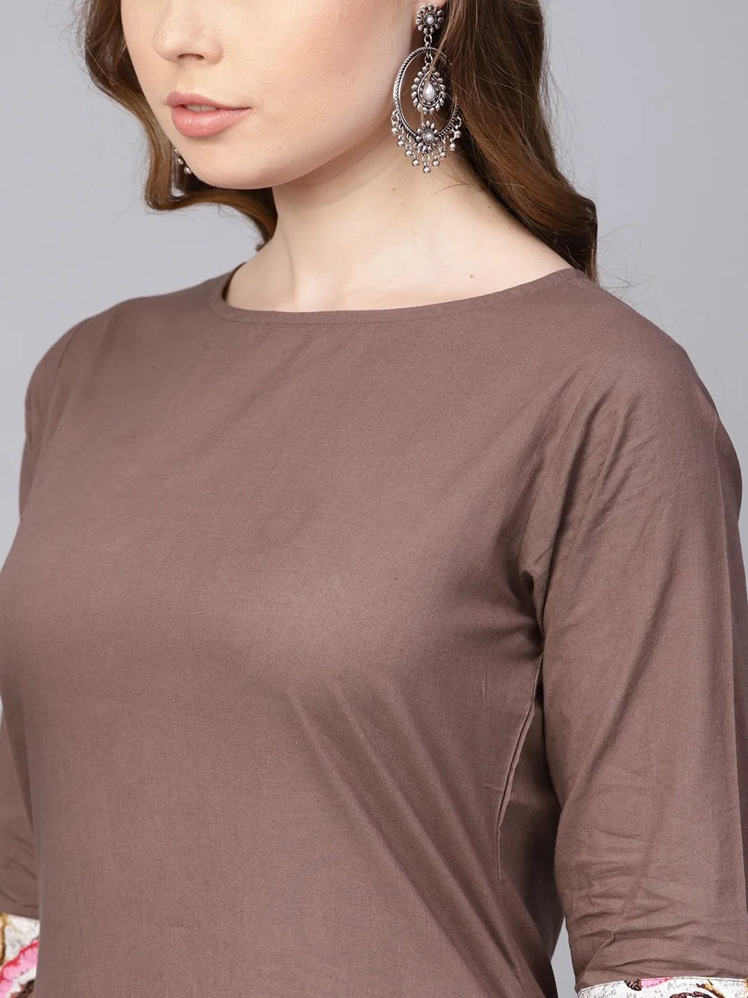Solid Coffee Brown 3/4Th Sleeve Cotton Kurta With Printed Floral Sharara