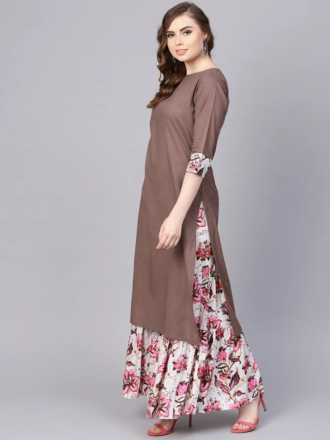 Solid Coffee Brown 3/4Th Sleeve Cotton Kurta With Printed Floral Sharara