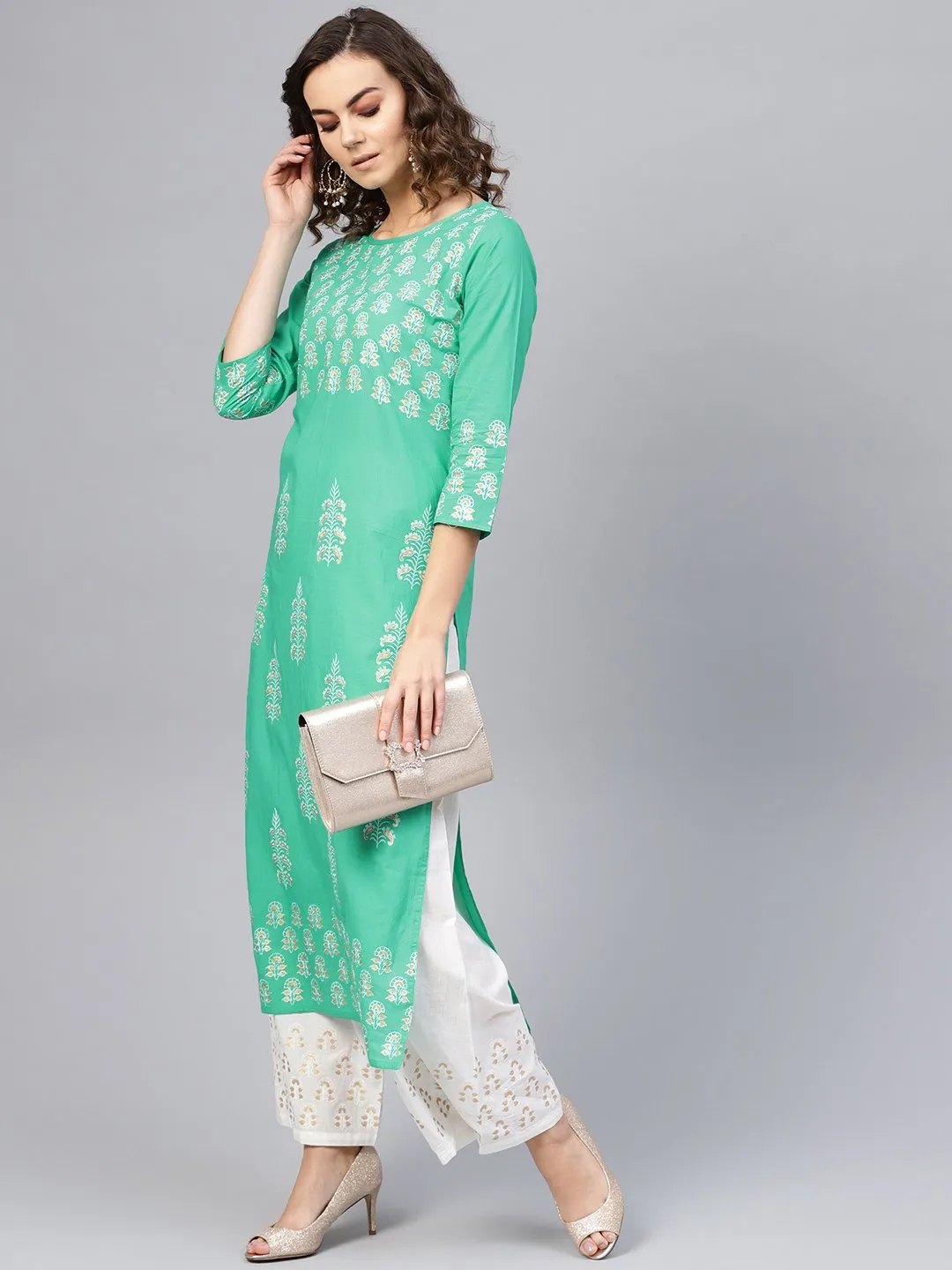 Women Green & White Printed Kurta With Palazzos